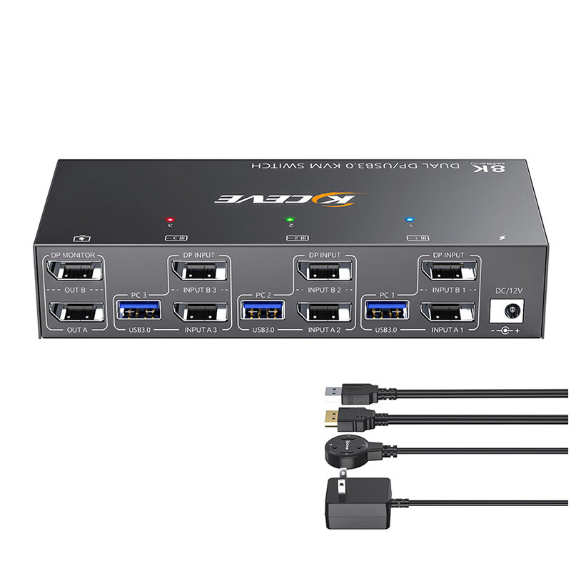 듀얼 모니터 KVM 스위치 디스플레이 포트, 8K KVM 스위치, 2 모니터, 3 컴퓨터, USB 장치용 4 USB 3.0 포트