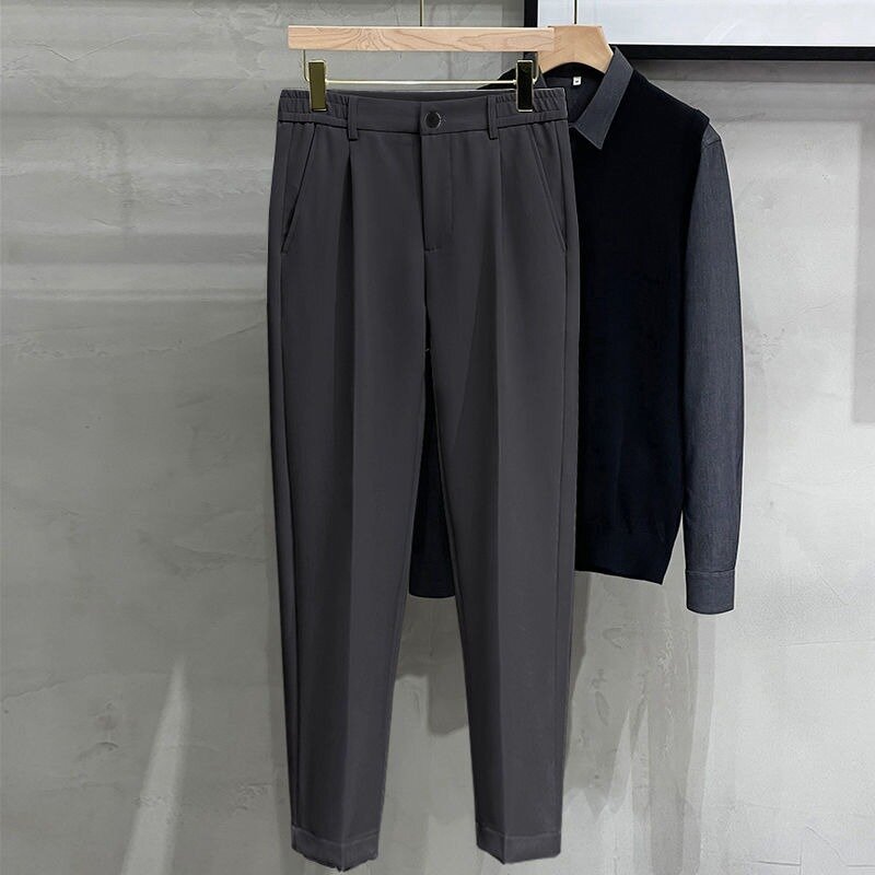 Calça casual masculina recortada, cor sólida, sentido avançado, cilindro reto, estilo fino, calça de terno da moda, 2024