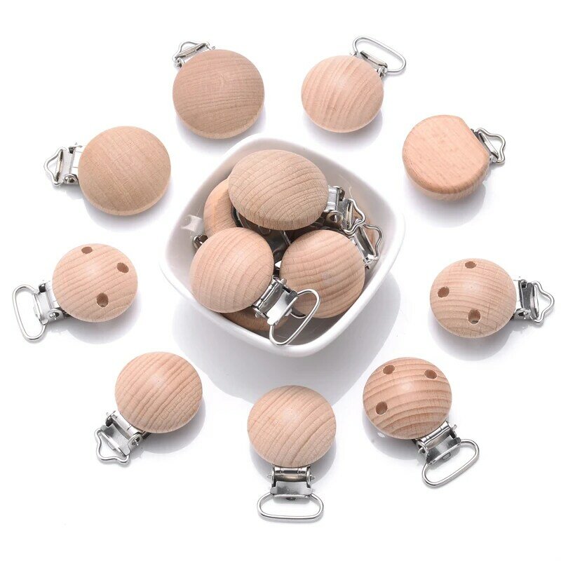 10Pcs Beech Wooden Pacifier Clip Baby Teether Soother Clasp Metal Nursing Accessories Chewable Teething Diy Dummy Clip Chains