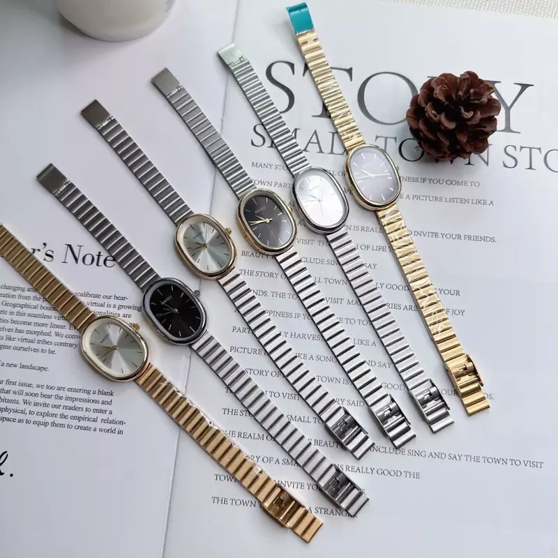 Relógio de quartzo oval feminino, pulseira de liga de luxo, fecho dobrável versátil, relógio de pulso pequeno, 2023