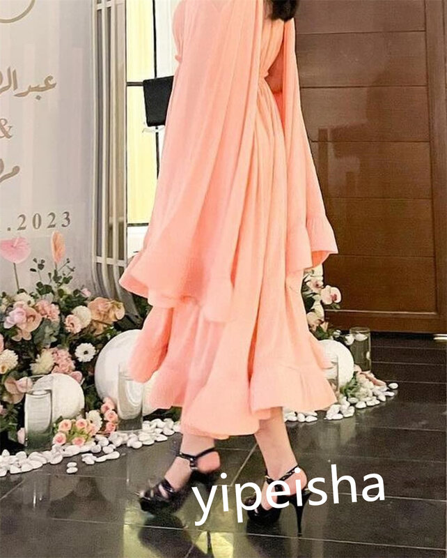 Gaun malam sifon Arab Saudi, gaun acara Midi, kerah tinggi model A-line, Gaun lipit lipit, Gaun malam Formal, baju lipit