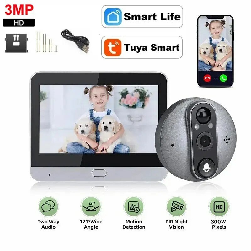 Tuya Peephole Doorbell Camera 3MP Security Smart Home 4.3 IPS Screen Night PIR Wifi Phone Wireless Digital Door Bell for Home