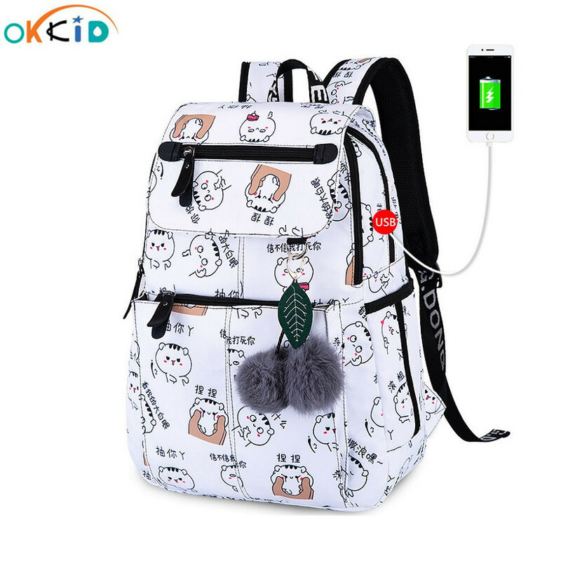 OKKID-Bolsas escolares para meninas, mochila feminina para laptop, mochila USB, mochilas infantis, gato bonito