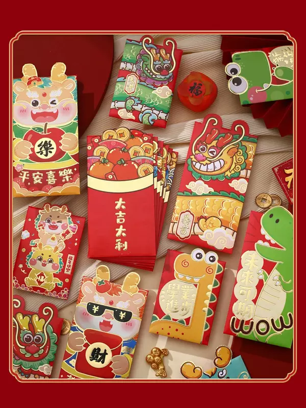 6Pcs 2024 Dragon New Year Red Packet Cartoon Three-dimensional Chines Red Envelopes Lucky New Year Red Envelope Bag
