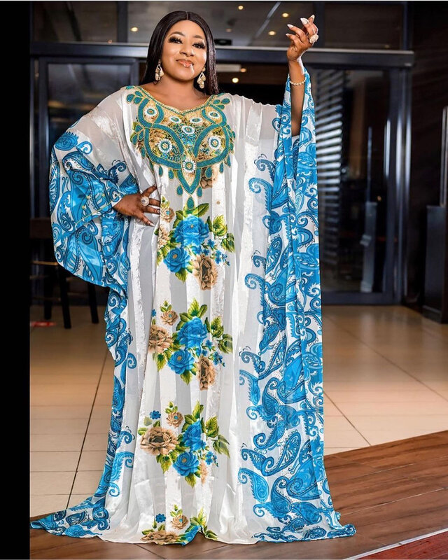 2023 New Middle East Bead Print Loose Robe African Women's Dress Robe Woman 011#