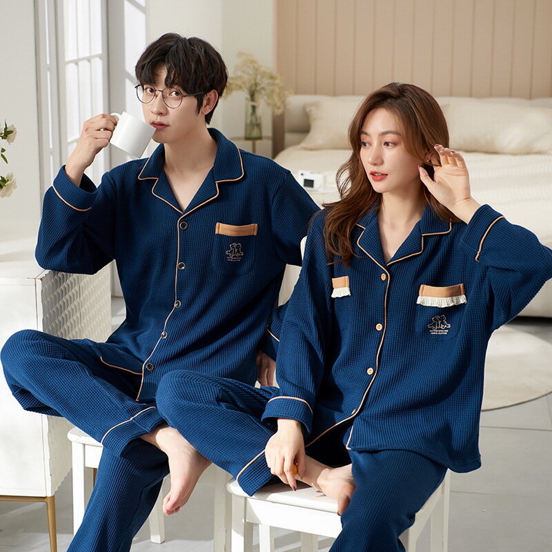 Cotton Sleepwear For Couples Korean Cardigan Men Pijamas Women Pajamas Set Long Sleep Tops Pant Nightwear Pjs pareja hombre