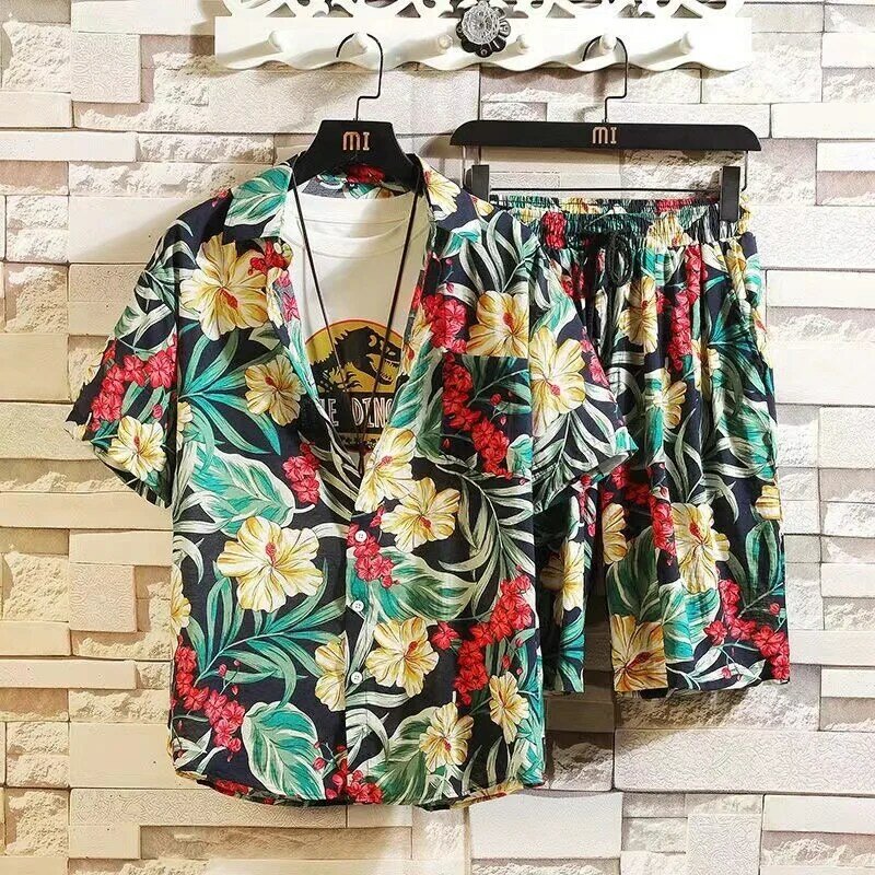 2024 Summer New Men's Quick Drying Refreshing Short sleeved Flower Shirt Set with Hawaiian Beach Couple Fashion Casual Two Piece