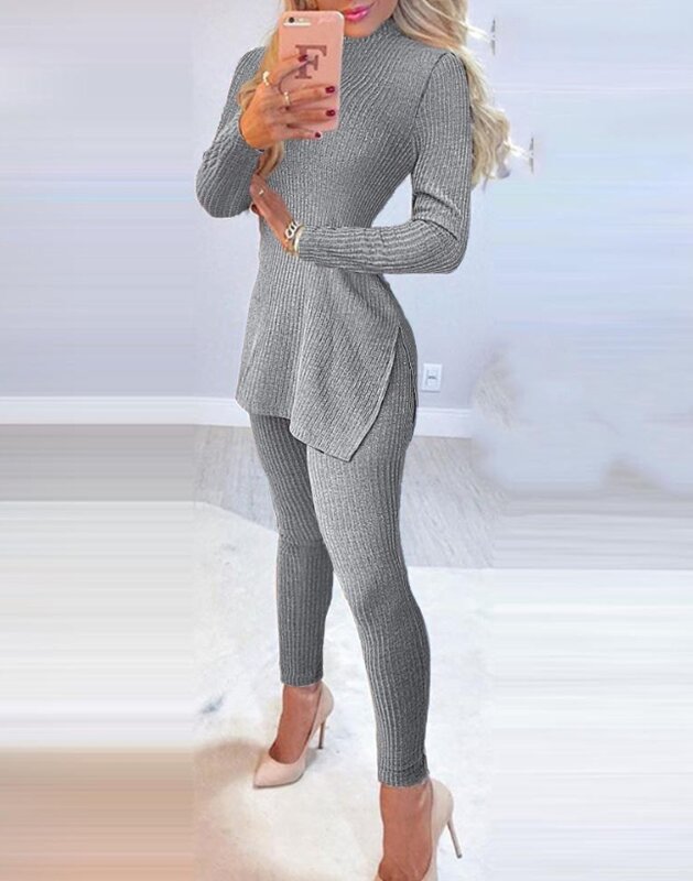 Летняя модная Пижама, облегающий трикотажный пижамный комплект с длинным рукавом и высоким воротом, повседневный облегающий Топ средней длины и облегающие брюки