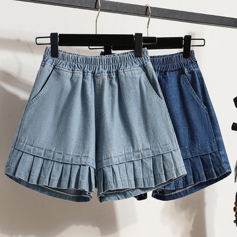 Qiukichonson-Shorts jeans femininos com babados de cintura alta, jeans de perna larga, soltos, fofos, macios, grandes, 5XL, primavera, verão, 2023