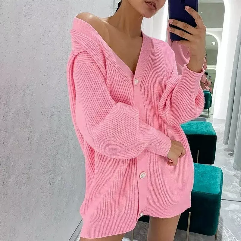 Fashion Ribbing V-neck Single Breasted Knitted Cardigans Women Loog Loose Casual Knitted Sweater Autumn Winter All-match Sweater