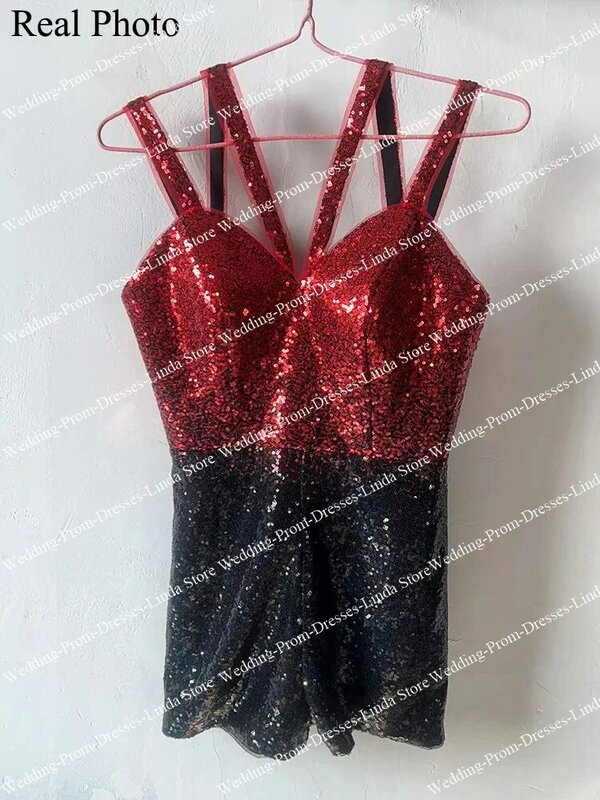 Macacão feminino de coquetel vermelho e preto, vestidos curtos para o baile, decote em v, mini lantejoulas, festa de formatura, 2023
