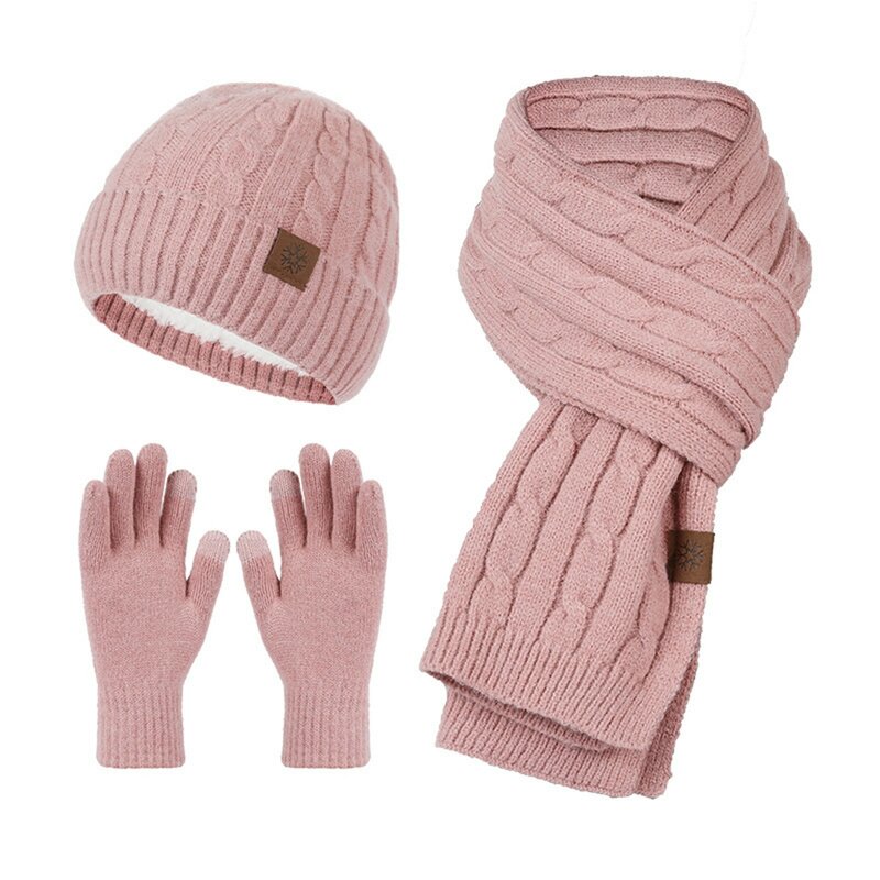 Womens Hat Scarf and Glove Sets Winter Knitted Keep Warm Soft Thick Three Piece Set Christmas Female Fleece Warm Scarf Set