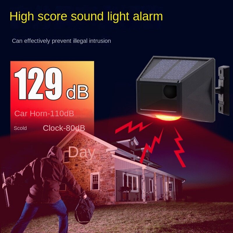 Solar Sound Alert Flash Warning Sound & Light Alarm Motion Sensor 110 Decibels Siren  Strobe Security Alarm System for Farm