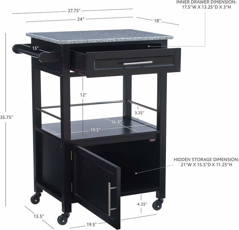 Classic solid wood kitchen cart with storage space, granite countertop, clean, solid, black