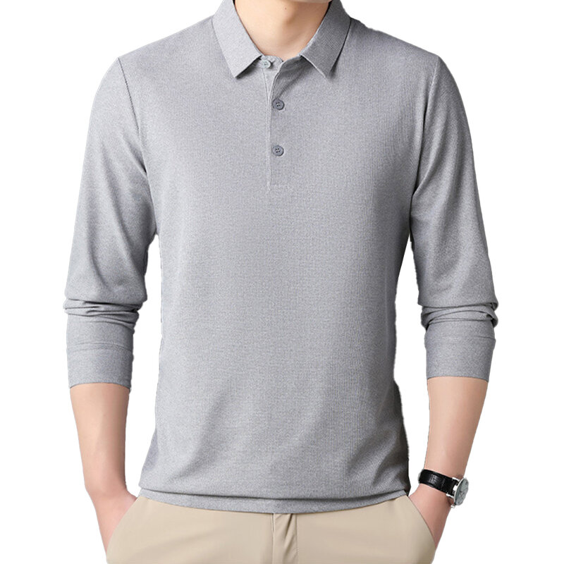 Camisa manga longa de poliéster masculina, camisa lapela de algodão, tops stretch regulares, camiseta casual elegante