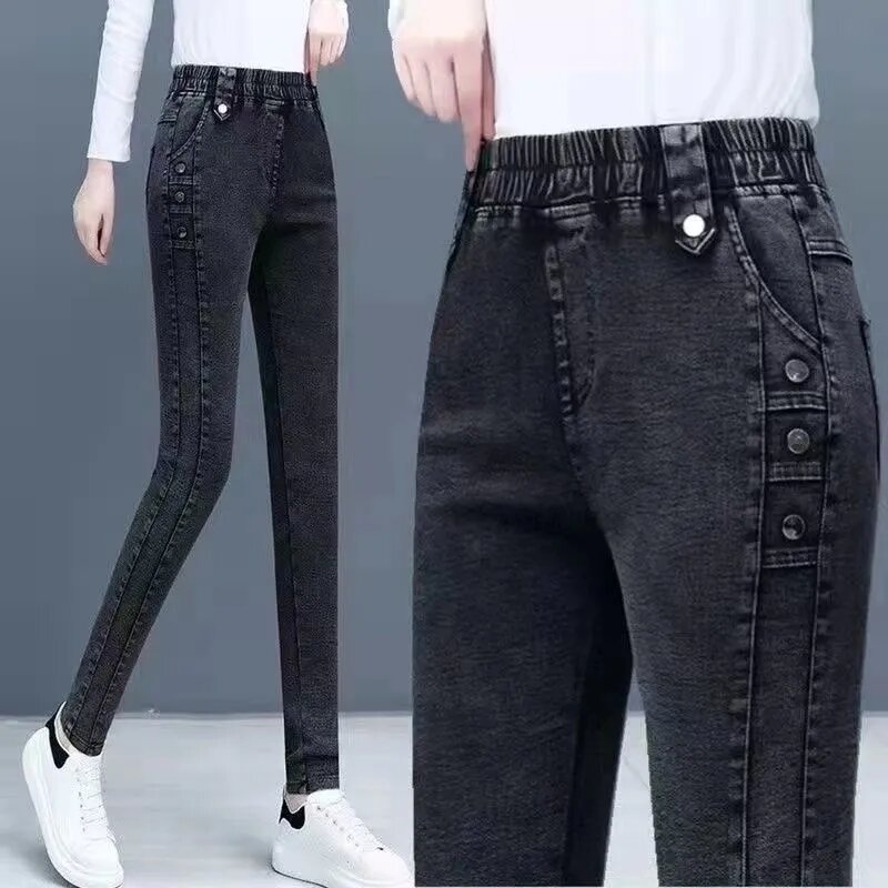 Calça lápis de estiramento alto feminina, elástico na cintura, jeans skinny, comprimento total, plus size, moda casual, primavera, nova