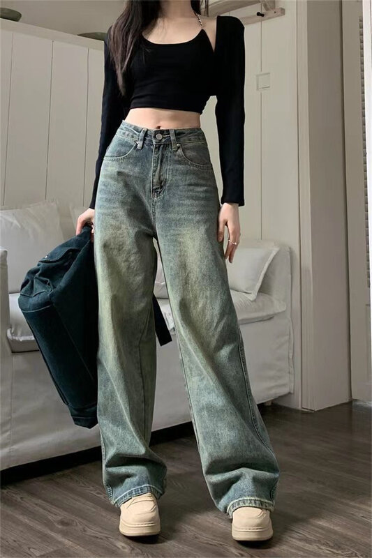 2023 neue Retro-Stil verlängerte Jeans mit weitem Bein Frauen Frühling Herbst waschen hohe Taille gerade Rohr lose schlanke Kehr boden hose