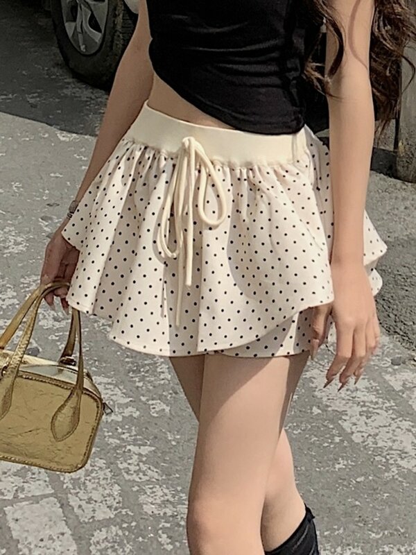 ZHISILAO New Dot Print Mini Skirt Women Vintage Low Waist White A-line Skirt Summer 2024