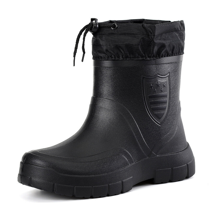 Sepatu bot hujan pria, sepatu bot pendek katun tahan angin mode hitam Slip on, tahan air untuk musim dingin 2024