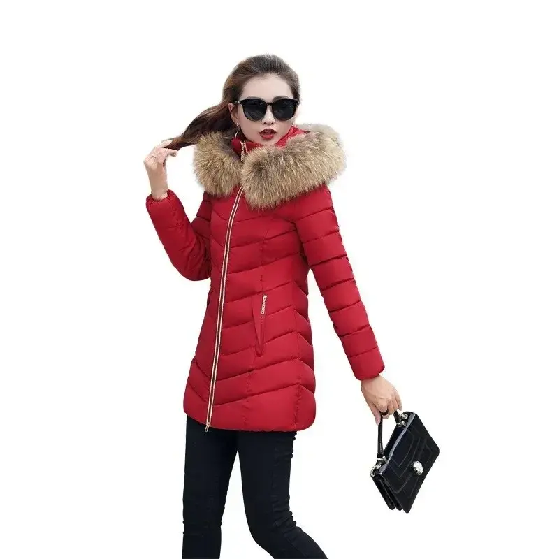 Chaqueta larga con capucha para Mujer, Parka acolchada de algodón con piel de zorro sintética, prendas de vestir ajustadas, Invierno, 2023