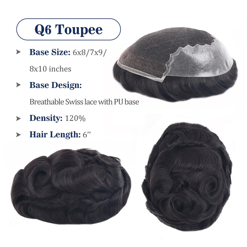 Neitsi Q6 Men Toupee Swiss Lace & PU Base Durable Male Hair Prosthesis Natural Human Hair Replacement System Unit Men's Wigs
