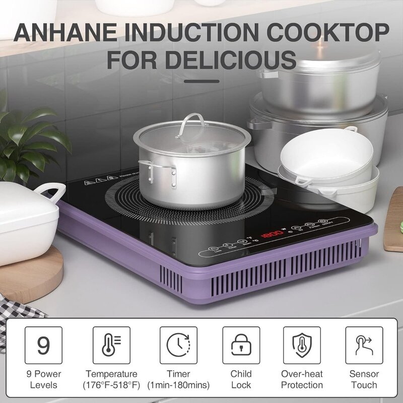 Induction Cooktop 1800W, Large Electric9 Power and Temperature Levels, 110-120V, Compatible Magnetic Cookware
