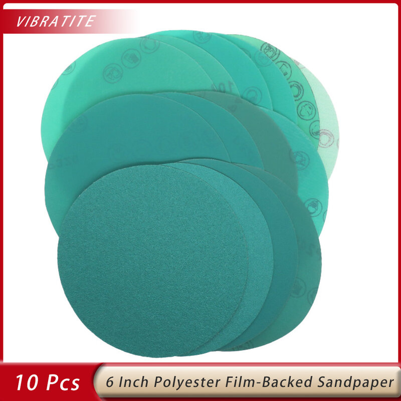 6Inch Sanding Discs Wet Dry Polyester Film-Backed Green Line Hook and Loop Sandpaper for Automotive Paint Wood or Metal Grinding