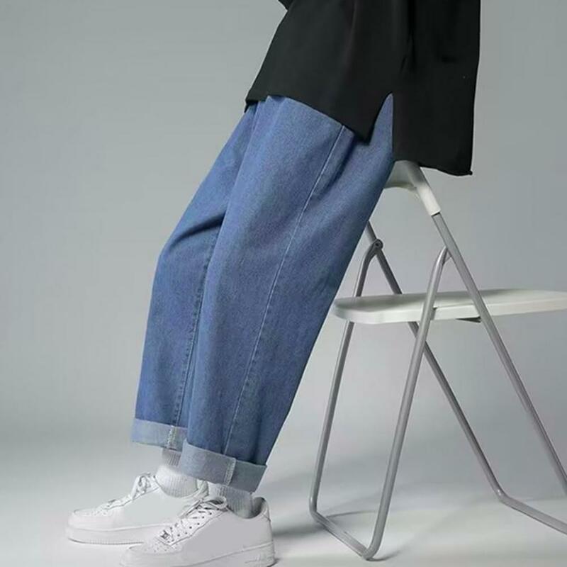 Wygodne spodnie jeansowe w stylu Vintage z szerokimi nogawkami męskie jeansy z haftowane gwiazdy z zamkiem i guzikiem, oddychająca tkanina na biodro