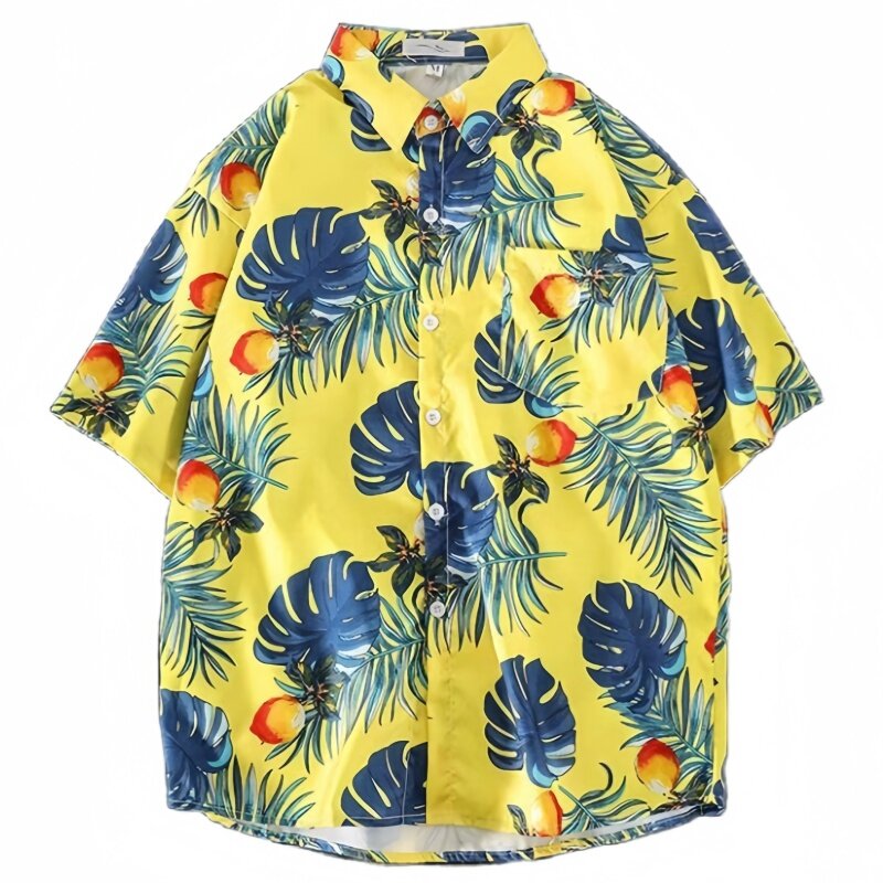 Letnia męska koszula z krótkim rękawem hawajska bluzka w roślinny wzór moda w stylu Casual, dostojna Top Vintage luźno dopasowane plaża Print
