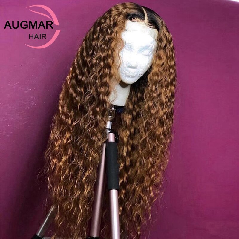 Auburn-Peluca de cabello humano rizado de 13x4 para mujer, postizo de encaje frontal, color marrón, sin pegamento, con ondas al agua, 13x6, Hd