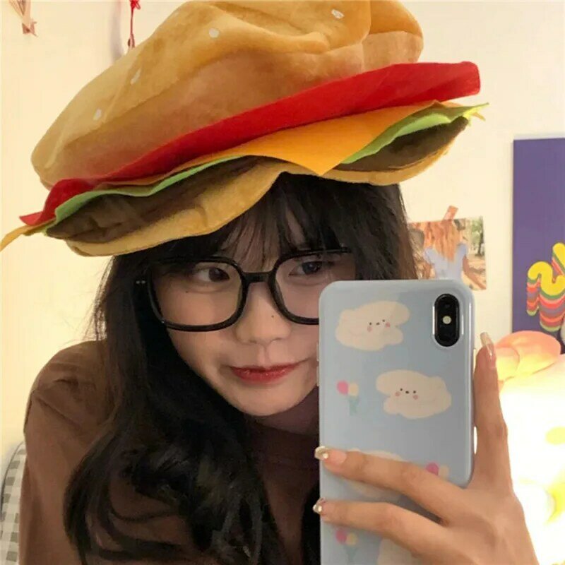 1 szt. Cute Cartoon symulacja Burger Food kapelusz zabawny Burger Halloween kapelusz osobowość wielkanocny Casual czapka typu Beanie czapka dla dorosłych
