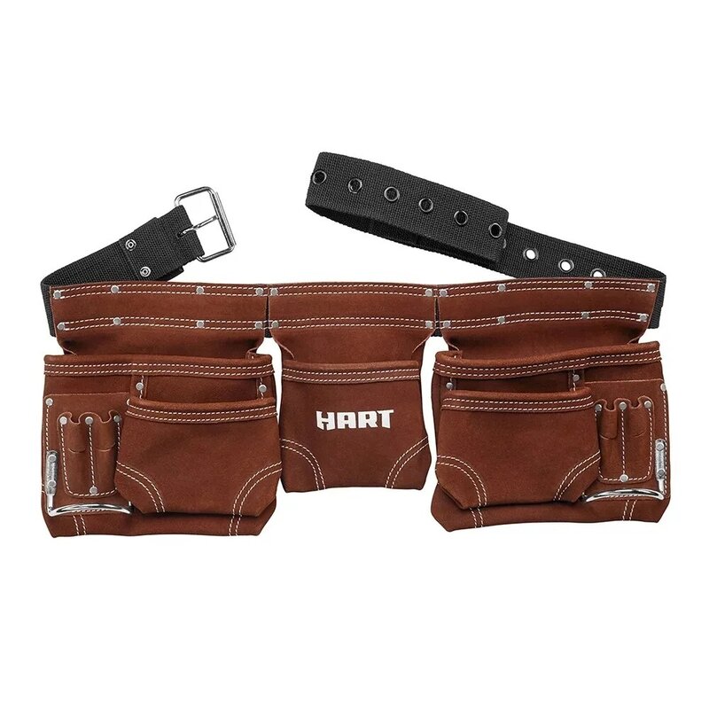 Cinturón de herramientas de cuero marrón de gamuza con doble costura, 11 bolsillos, cintura de hasta 52 pulgadas