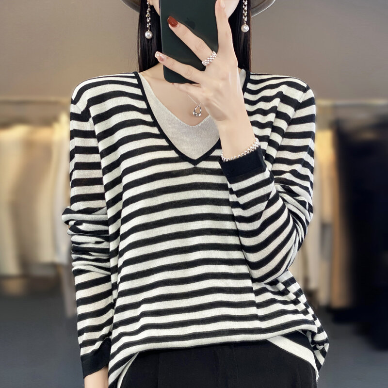 Women 100% Fine Wool Sweater Double V-Neck Colored Stripes Pullover Spring Autumn Casual Knit Warm Bottoming Tops