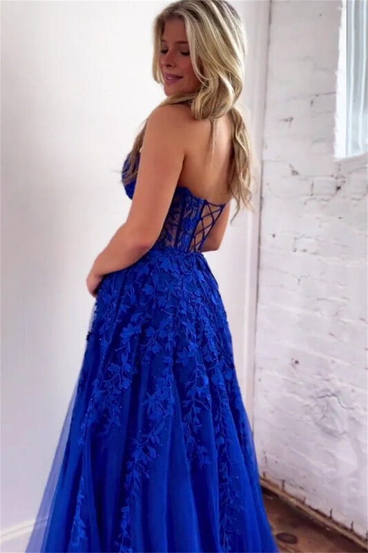 Lace Appliques Tulle Evening Dresses V-neck Sleeveless Backless Illusion Lace-up A-line Floor-length Formal Party Ball Gowns