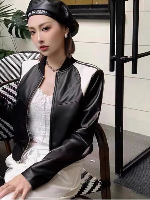 New 2023 Genuine Women Sheepskin Coat Fashion White Black Splicing Real Leather Jacket Spring Autumn New Outerwear Streetwear