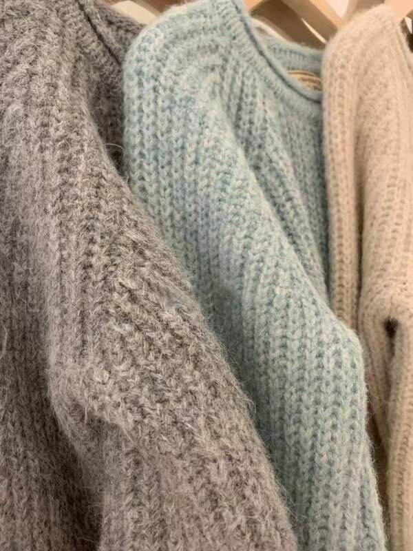 Koreanische lose gekräuselte dicke Strick pullover Frauen Herbst Winter Laterne O-Ausschnitt lässige Pullover hochwertige weiche wachsartige Tops