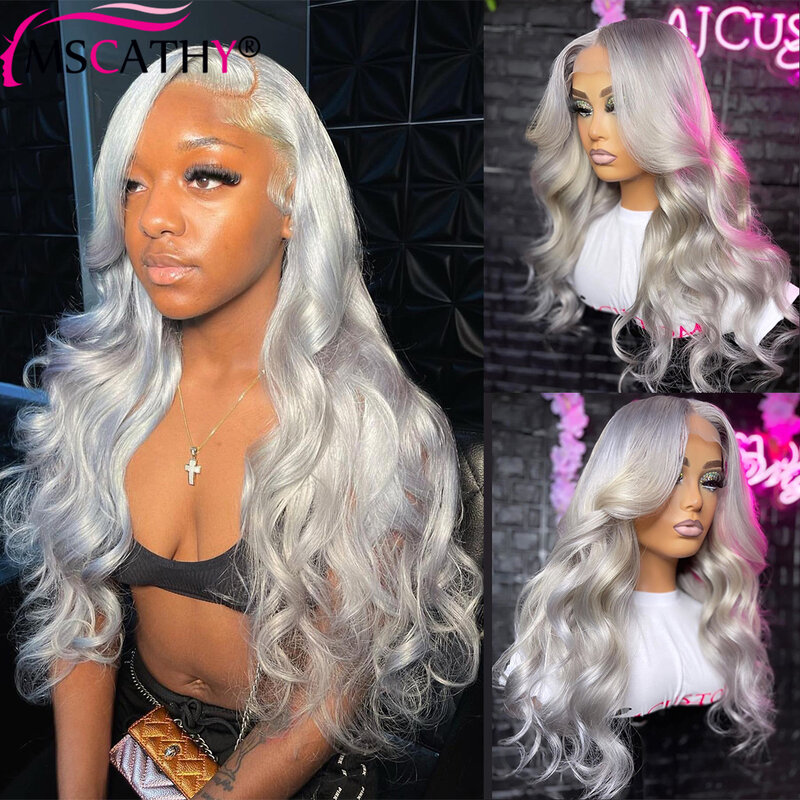 13x4 Wavy Lace Front Wig For Women Human Hair Silver Grey Pre Plucked Transparent Lace Frontal Wig Peruvian Body Wave150%Density