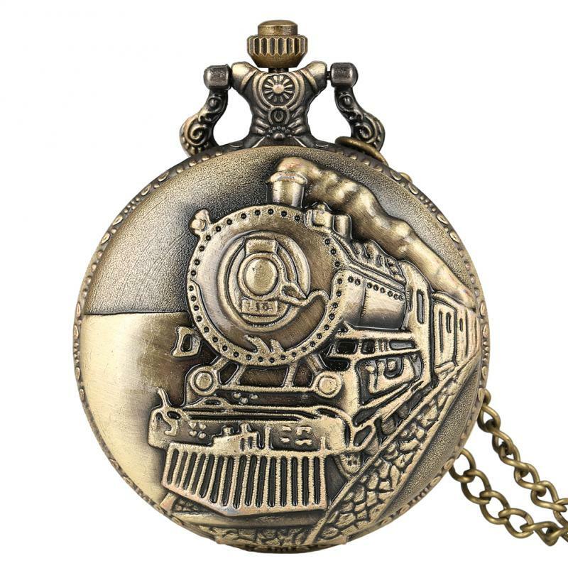 ANTIQUE-Bronze corrente relógio de bolso para homens, trem locomotiva motor design, bom colar pingente relógio
