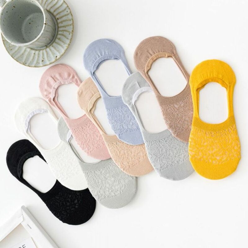 Solid Color Lace Boat Socks For Girl Women Summer Thin Hollow Mesh Invisible Socks Slippers Shallow Mouth Short Socks
