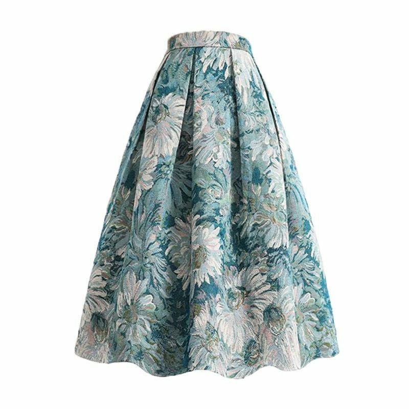 Women's Vintage Painting Floral Skirt Female Fashion High Waist Pockets Skirt Lady Jacquard Streetwear All-match Skirts Q521