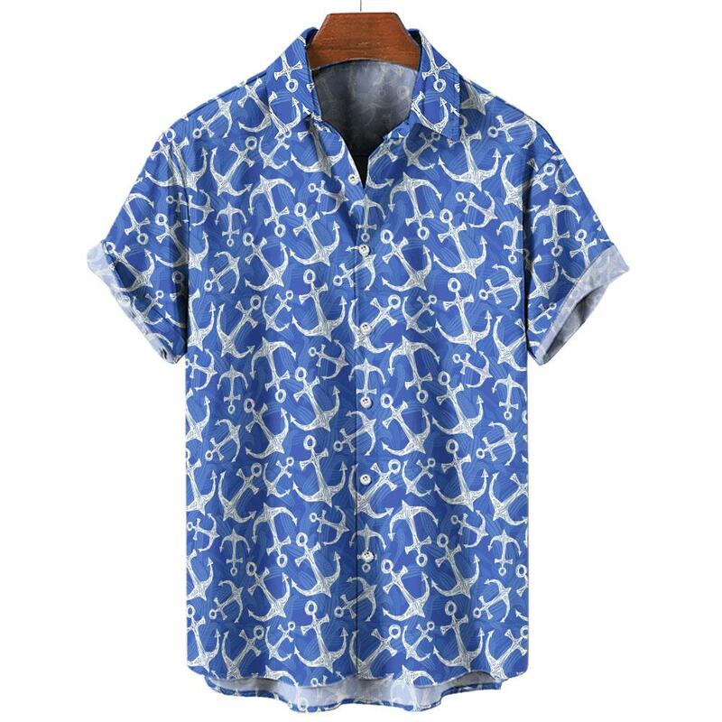 เสื้อแขนสั้นสมอเรือ3D แฟชั่นสำหรับผู้ชายเสื้อผ้าลำลองสำหรับฤดูร้อนเสื้อฮาวายทรงหลวมโอเวอร์ไซส์