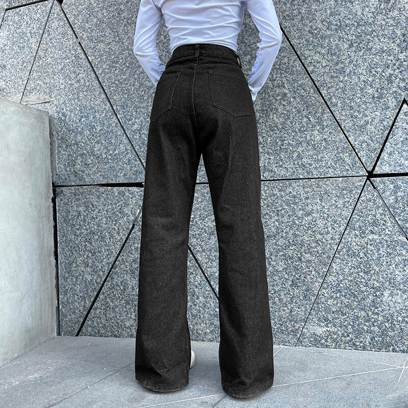 Indie serce guziki damskie z wysokim stanem jednolite kolory spodnie z szerokimi nogawkami wiosna jesień czarne Y2k 2024 nowe spodnie jeansowe w stylu Vintage