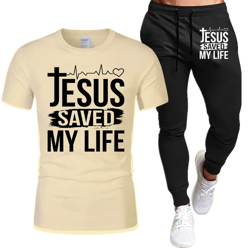 Jesus Save My Life Print Mens T-Shirt and Sweatpants Sets Short Sleeve Tees Tracksuits Outdoor Streetwears Male Sportwears Sets