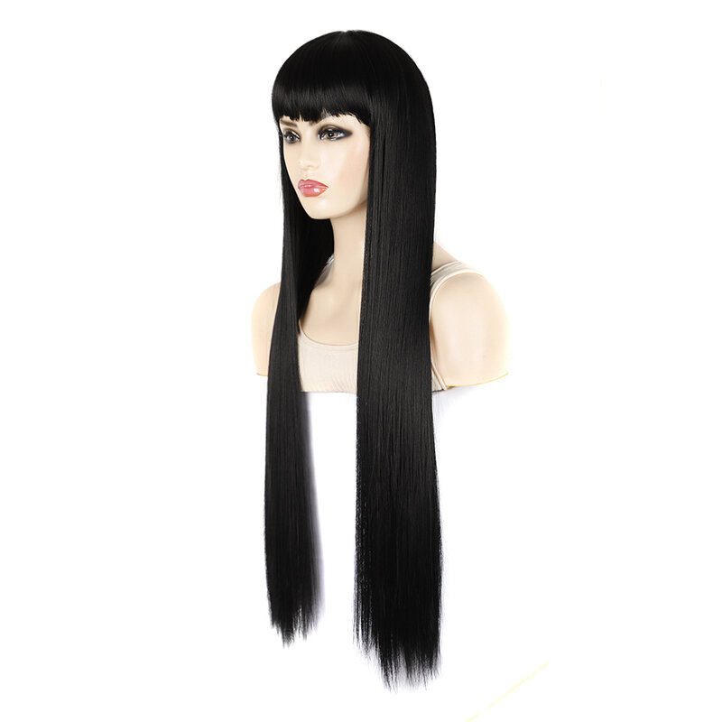 31Inch Black Synthetic Hair Wigs Women's Oblique and Straight Wig Bangs for Women Long Straight Hair Wig