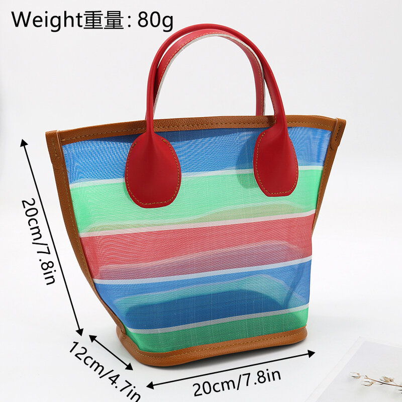 Bolsas de malha listrada para mulheres, sacola pequena, sacos de praia vintage, mini bolsa de mão feminina, casual, verão, 2024