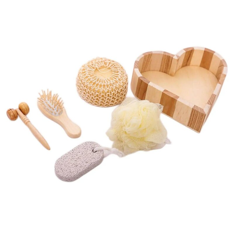 5Pcs Bath Set with Accessories in Heart Wooden Box Pumice Stone Loofah Sponge Mesh Sponge Ball for Women Man Gift