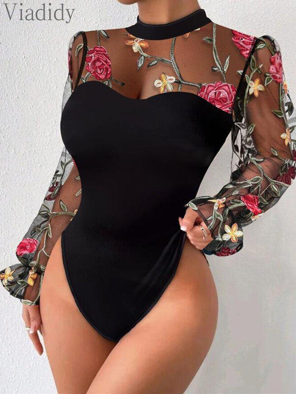 Women Sexy See Through Sheer Mesh Patchwork Floral Embroidery Bodysuit