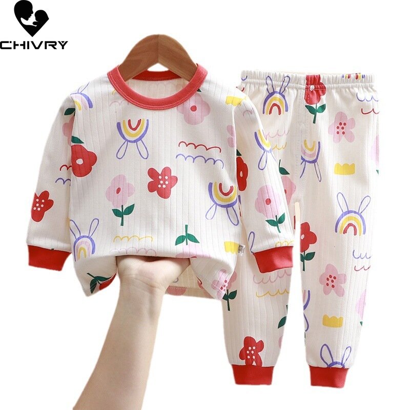 Conjuntos de pijamas de otoño para niños y niñas, ropa de dormir con estampado de dibujos animados, camiseta de manga larga con cuello redondo y pantalones para recién nacidos, 2023