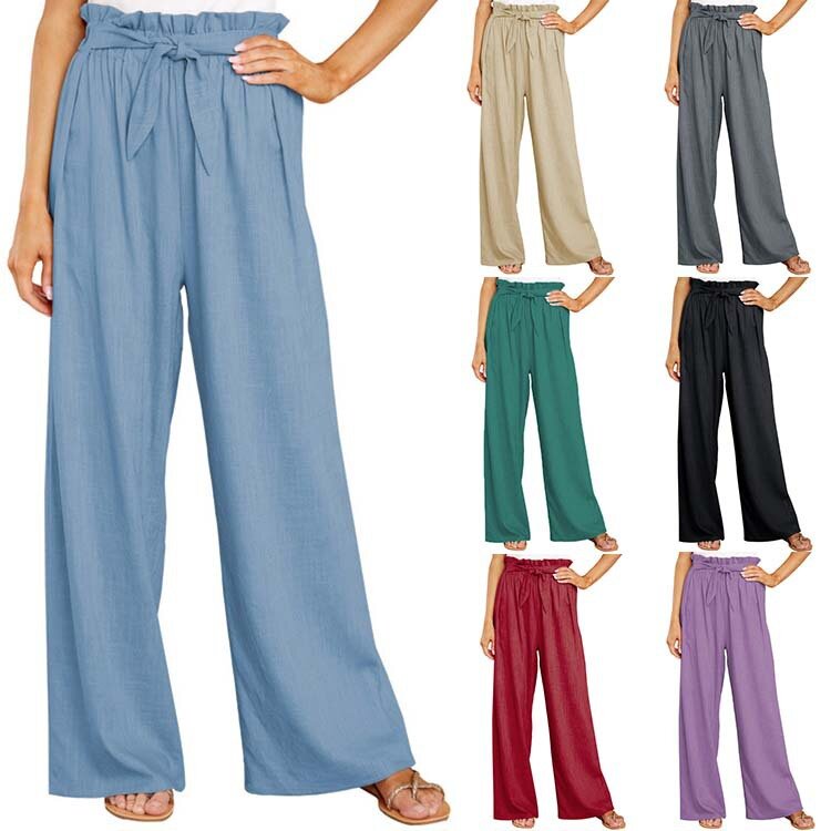 Pantalones largos de lino y algodón para mujer, pantalón holgado informal de talla grande, color sólido, a la moda, Otoño e Invierno