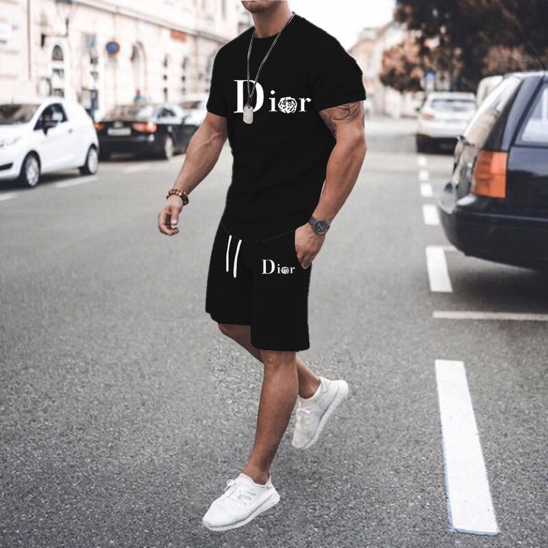 Summer T-shirt Suit Men's Short Sleeve + Shorts 2 Piece Sets Fashion Patchwork Printed Tracksuit Classic Style Outdoor Sport Kit